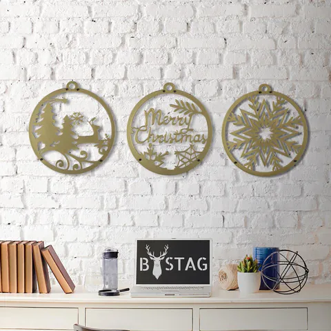 Decoratiune de perete, Merry Christmas, 23 x 25 cm, 3 piese, Auriu