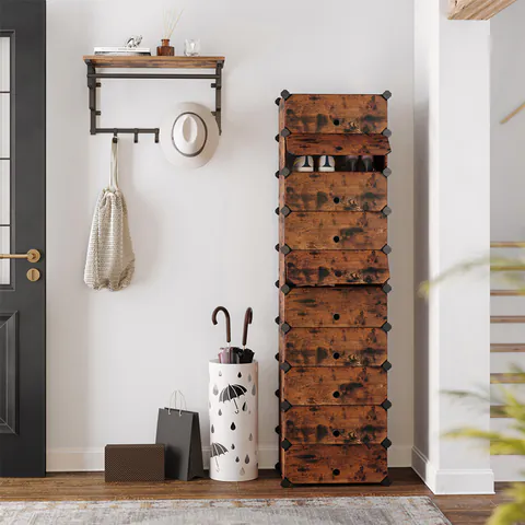 Pantofar modular cu 10 compartimente, Songmics, 43x31x173 cm / 83x31x88 cm, 10 kg/raft, maro