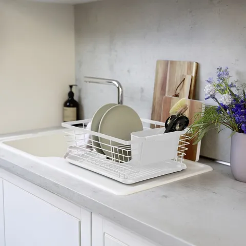 Scurgator de vase cu suport pentru tacamuri Drip, Wenko, 36x30x15 cm, metal/polipropilena, alb