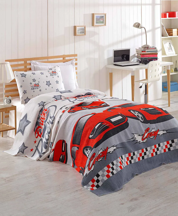 Set cuvertura pique Single 2 piese, L'essentiel Maison, Crazy, Bumbac, Alb / Gri / Roșu