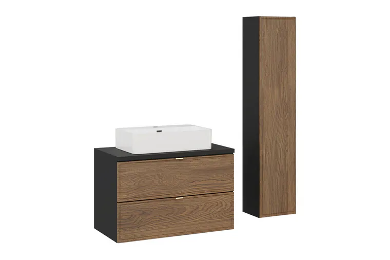 Set mobilier baie Talia Casella 80 cm, dulap inalt si masca cu lavoar, Comad, MDF/PAL, stejar/negru mat