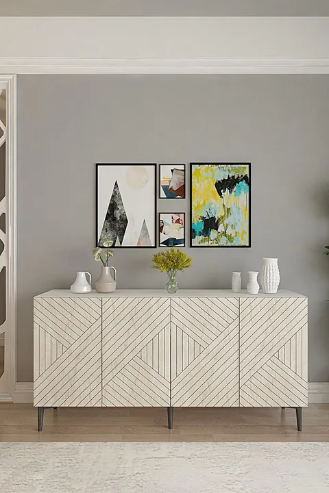 Consola, Hanah Home, Ferro 150, 150x75x32 cm, Alb / Travertin