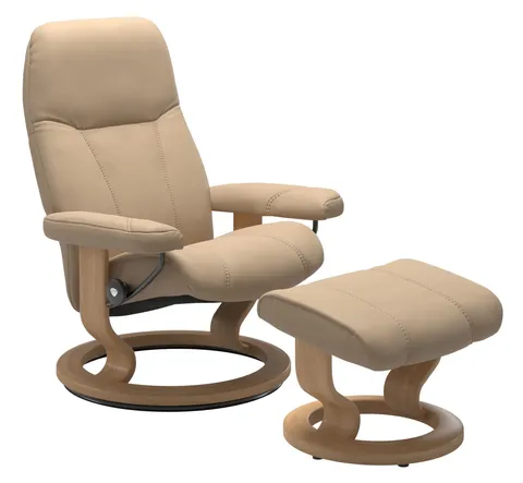 Fotoliu recliner cu taburet Stressless Consul Classic M cadru Oak tapiterie piele Paloma Beige