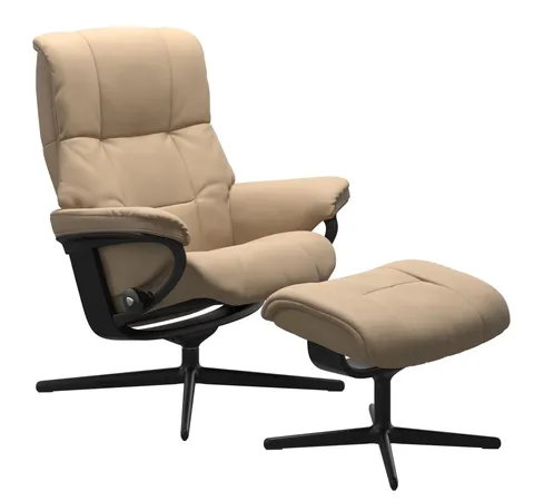 Fotoliu recliner cu taburet Stressless Mayfair Cross M cadru Black tapiterie piele Paloma Beige
