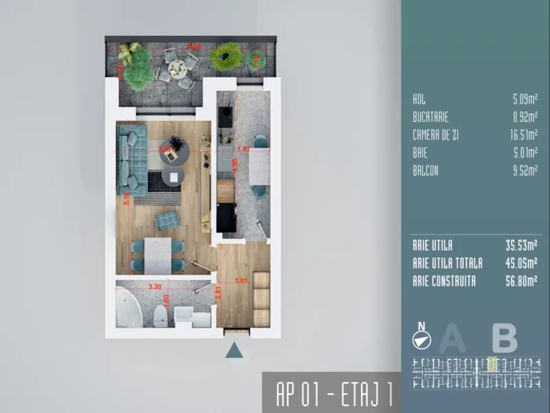 Garsonieră decomandată, 45 mp - bloc nou 2025, Titan